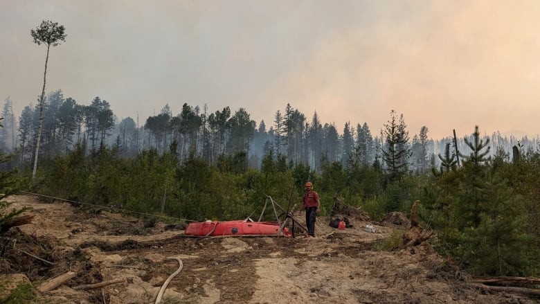 A firefighter stands next to a read water pump in front of a smoky forest. 