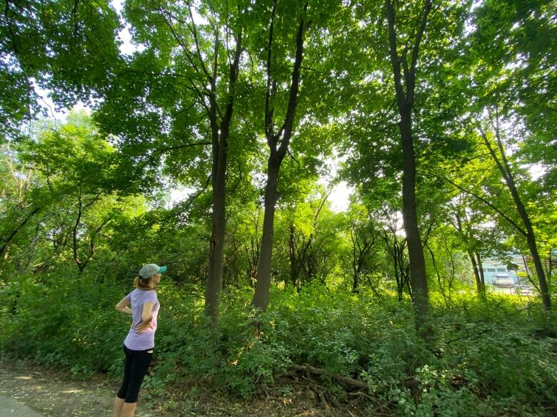 A woman in workout clothes stands in a wooded area facing a residential street. 