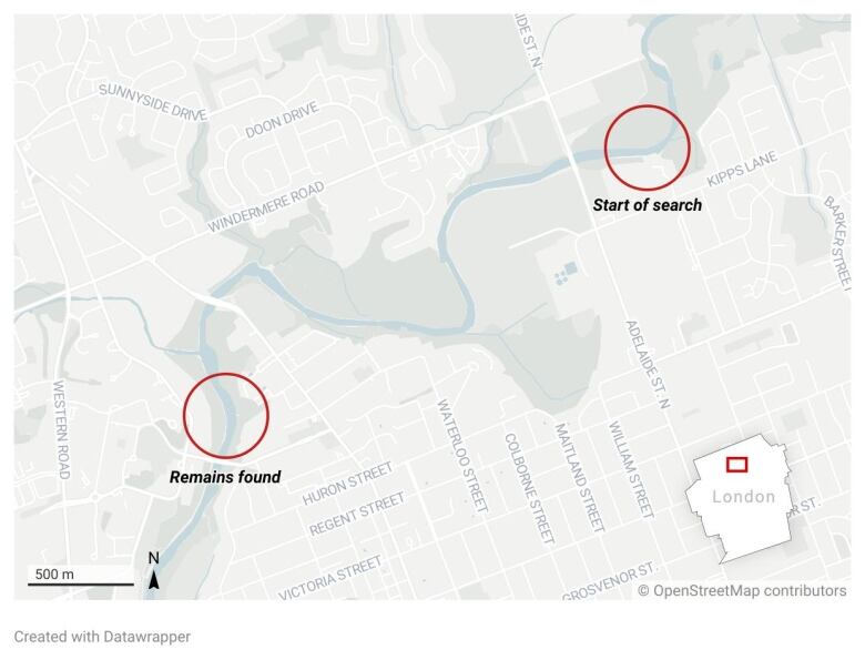 A map showing the location where Anna was last seen and where police located a child's remains on Sunday.