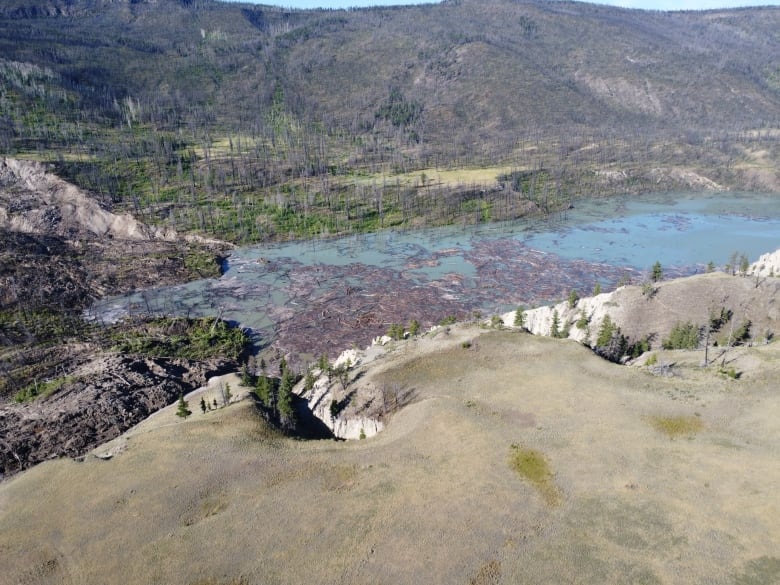 An aerial view of a natural dam that has created a lake of light blue water filled with debris.