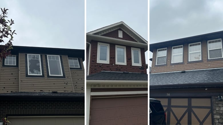 three images of three different houses. all of them have smashed windows and holes in the siding.