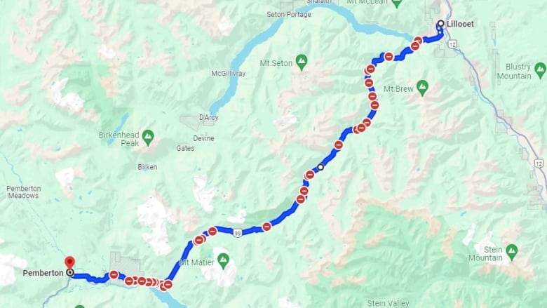 A screenshot of a map showing the highway route between Pemberton and Lillooet. 