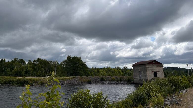 An old building and a lake