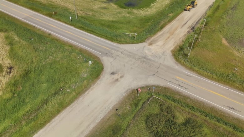 A rural intersection shot from above.