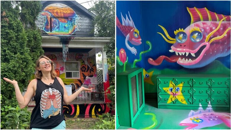 Artist Stephanie Avery poses in front of a Toronto home covered in art, including a room painted with bright-coloured fish.