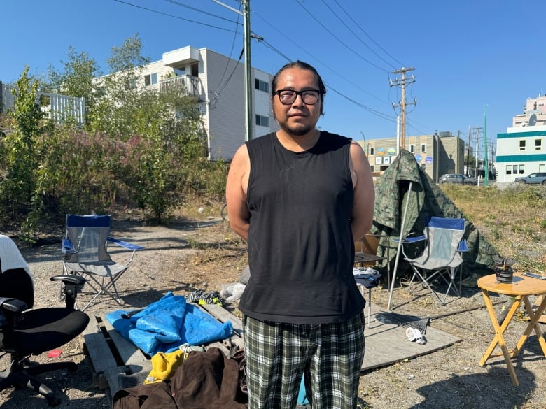 Man in flannel shorts stands in front of tent