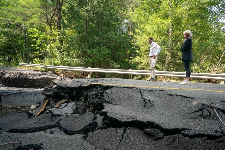 A man and a woman look out onto a broken road. 