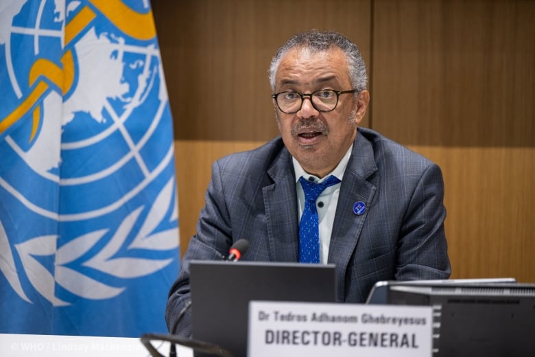 A man in a dark blue suit and lighter blue tie sits next to a blue WHO flag behind a computer in front of a sign that says, Dr. Tedros Adhanom Ghebreyesus, director-general.