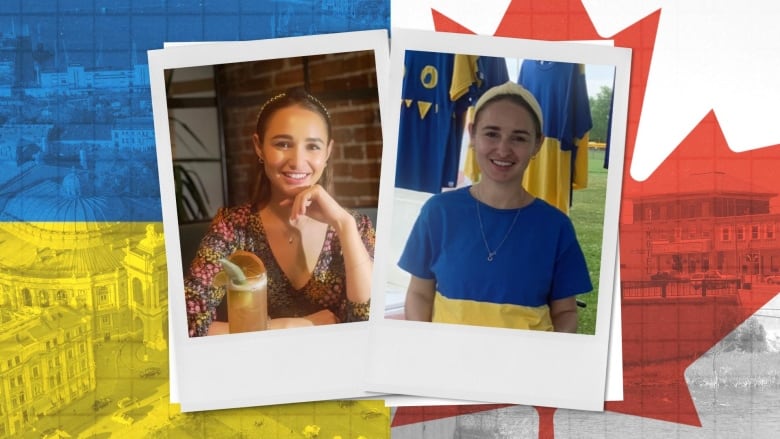 A collage of a woman wearing formal attire and another of the same woman in a t-shirt, juxtaposed with the colours of the Ukrainian and Canadian flags.