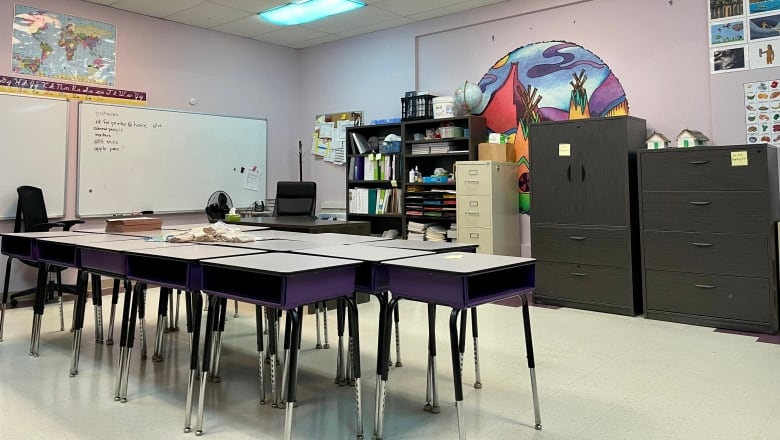 Small but neat class with desks and chairs.