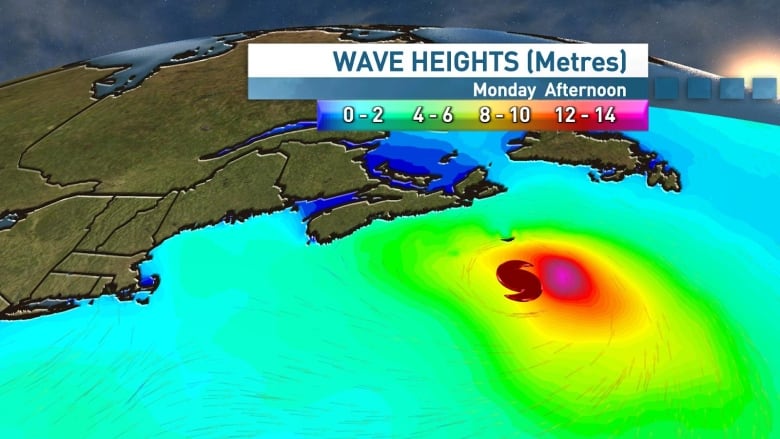 This map shows potential wave heights in metres that Hurricane Ernesto may bring to Atlantic Canada.