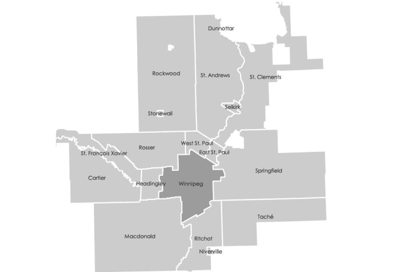 A map of Winnipeg Metropolitan Region, encompassing Manitoba's capital and 17 surrounding municipalities.