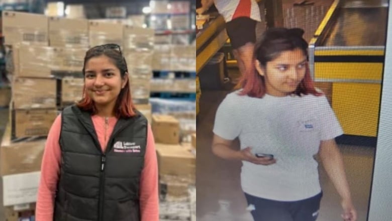 Two photos of the same woman side by side. She has dark shoulder length hair with light ends.