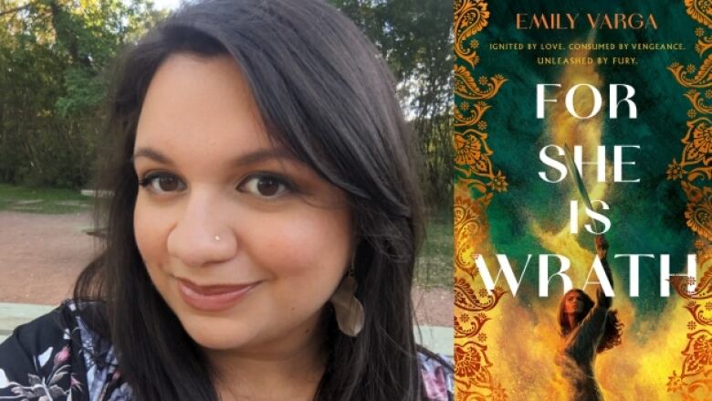 For She Is Wrath by Emily Varga. Illustrated book cover shows a Pakistani young woman holding a sword to a green and yellow sky. Photo of the author.