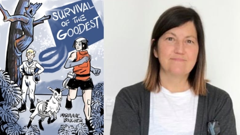 Survival of the Goodest by Marianne Boucher. Illustrated book cover shows two young people and a goat running in the woods. Photo of the author.