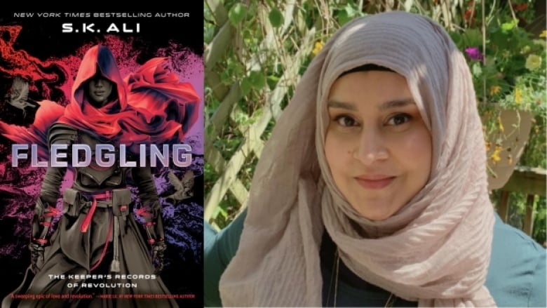 Fledgling by S.K. Ali. Illustrated book cover shows a woman draped in red and grey garments with a utility belt and gloves. Photo of the author.