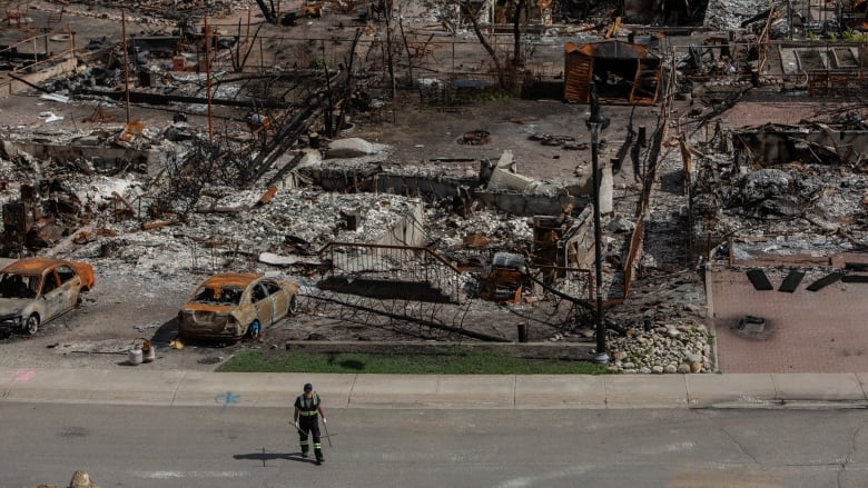 A worker walks through the wreckage of a devastated neighbourhood.