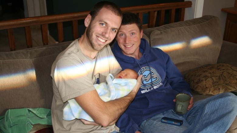 Two men holding a baby.