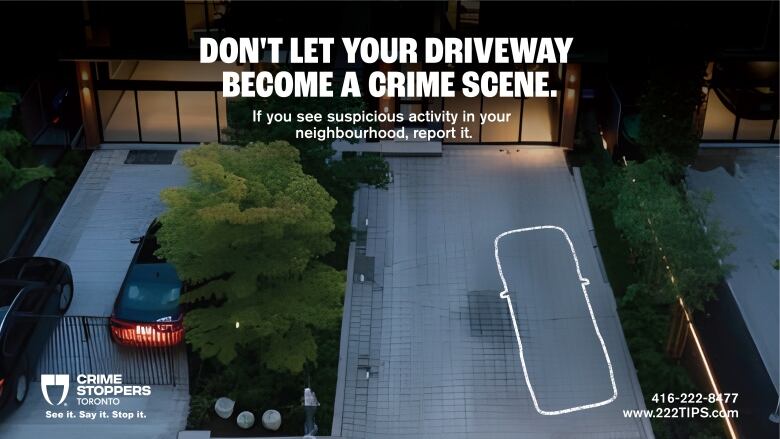 Photograph of a Crime Stoppers pamphlet reading: Don't let your driveway become a crime scene. If you see suspicious activity in your neighbourhood, report it. 