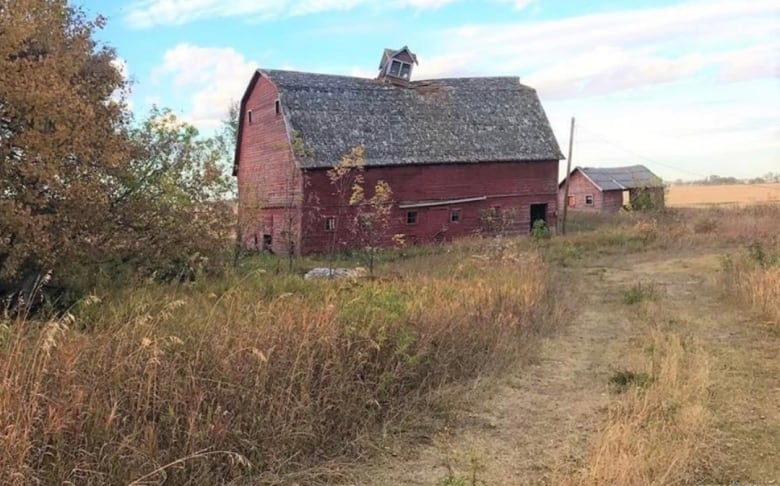 An old red barn and outbuilding sit in a field of grass.