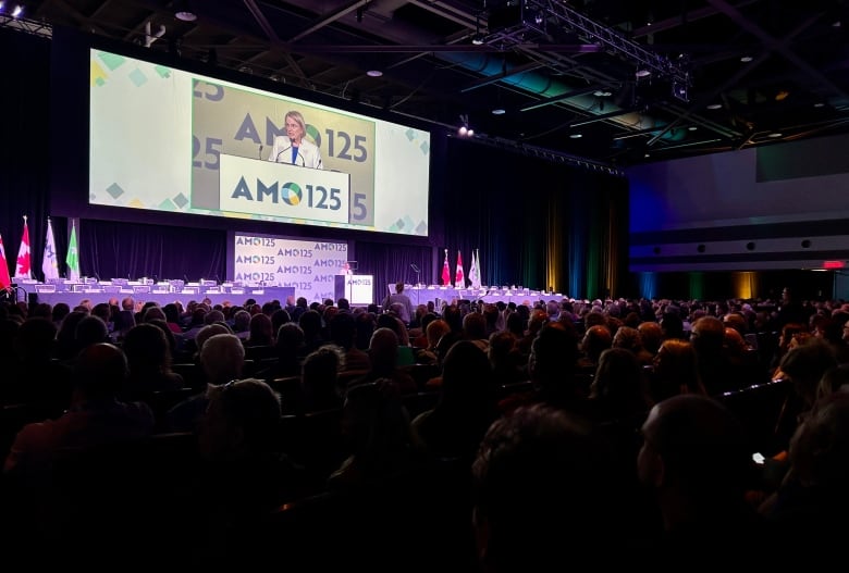 a woman standing at a podium at a conference. 