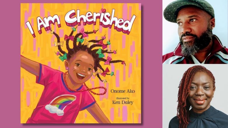 The book cover of I Am Cherished by Onome Ako, illustrated by Ken Daley, showing a young girl smiling, wearing a rainbow t-shirt. The little girl is running and her necklace, and hair - which is in braids with colourful bows - are blowing in the wind as she runs. On the right are photos of the book's creators.