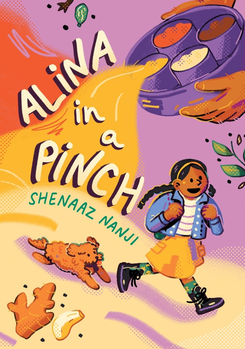 The book cover for Alina in a Pinch by Shenaaz Nanji, showing a little girl walking to school with her dog running after her.