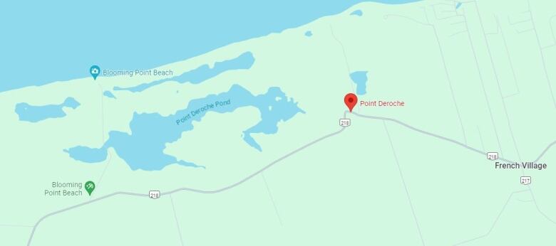 Map showing Point Deroche Pond, located between French Village and Blooming Point Beach on Prince Edward Island's North Shore. 