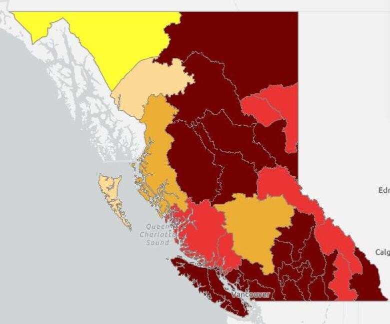 A map with red and orange regions showing different drought levels in B.C.