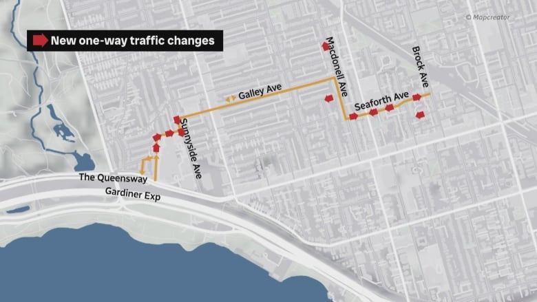 A map of the West Parkdale bike lane and one-way-street changes made along the route. 