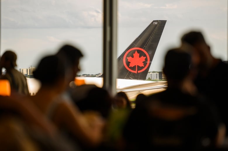 A view of an airplane from the terminal.