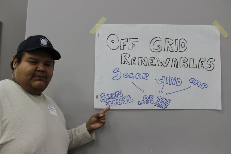 A man pointing to a paper on a wall. 