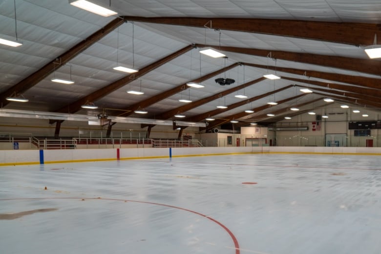 A wide shot of an empty ice rink.