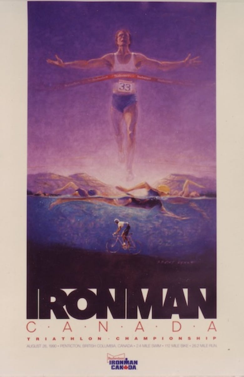 A painting advertising a triathlon, showing depictions of a swimmer, runner and biker.