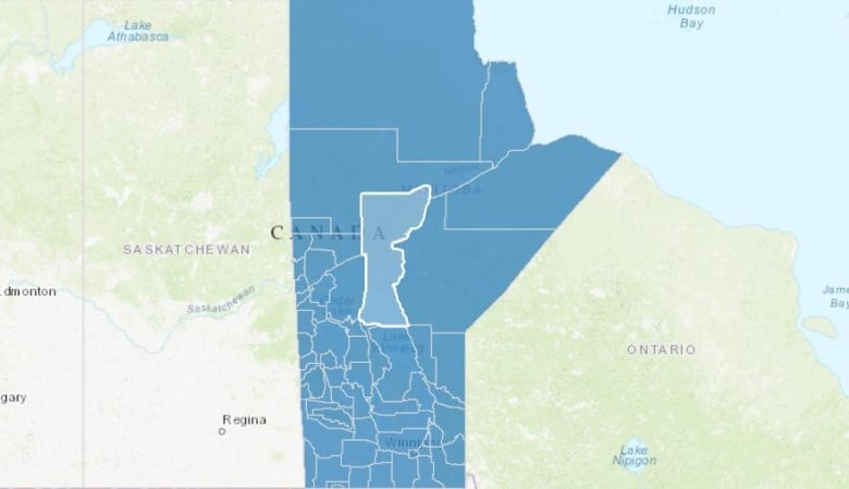 A map of Manitoba with a section highlighted.