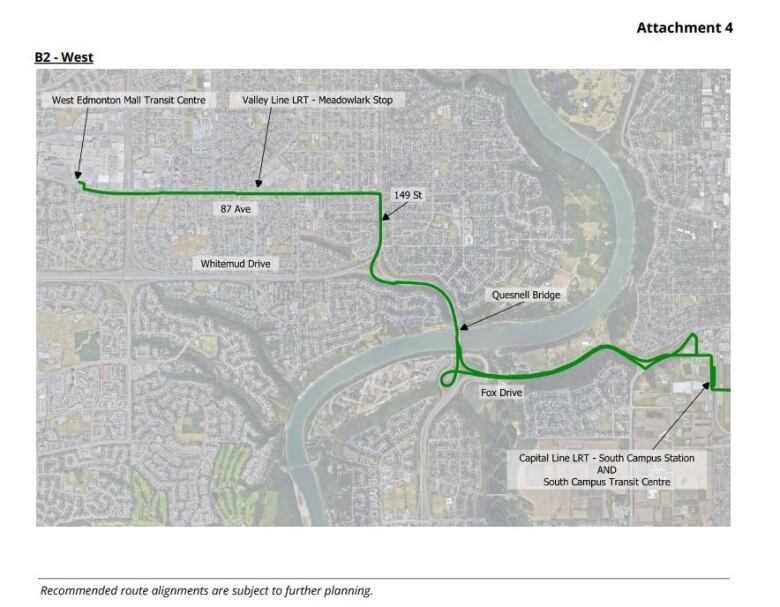 A map of the BRT route proposed by City of Edmonton. 