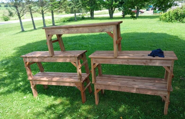 Benches stacked on top of each other.