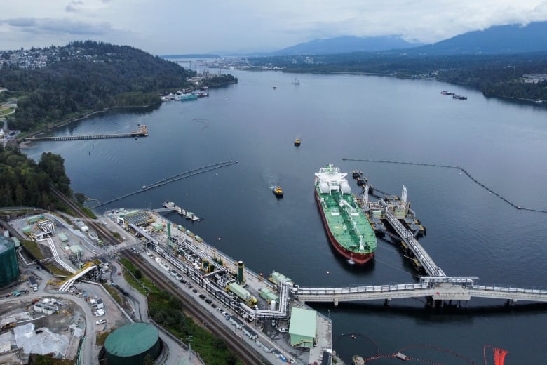 A ship is seen docked at a terminal with large industrial buildings visible.