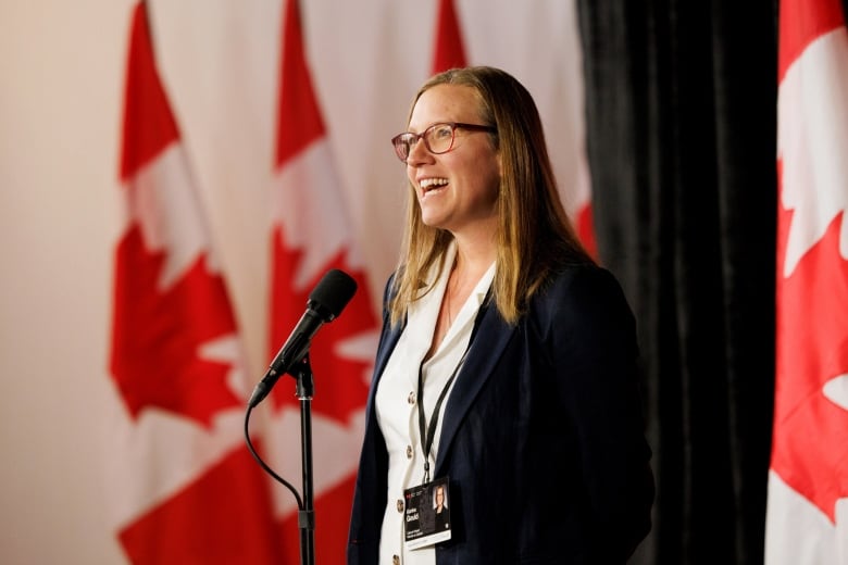 Minister Karina Gould, Government House Leader, speaks to media at the federal cabinet retreat in Halifax, Tuesday, Aug. 27, 2024.