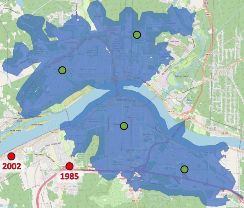 A map showing where in Fredericton firefighters are able to respond to the scene of a fire within four minutes.