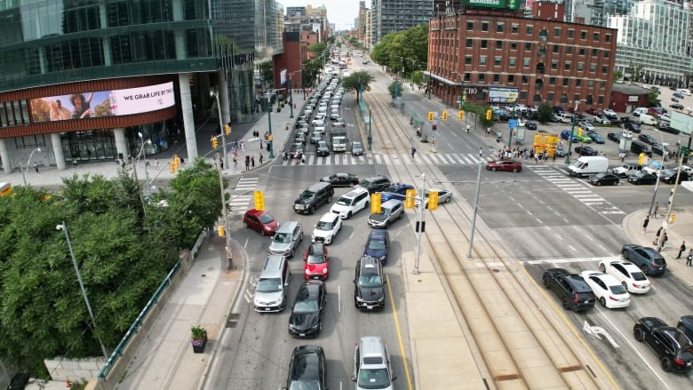 An aerial view of backed up traffic in downtown Toronto.