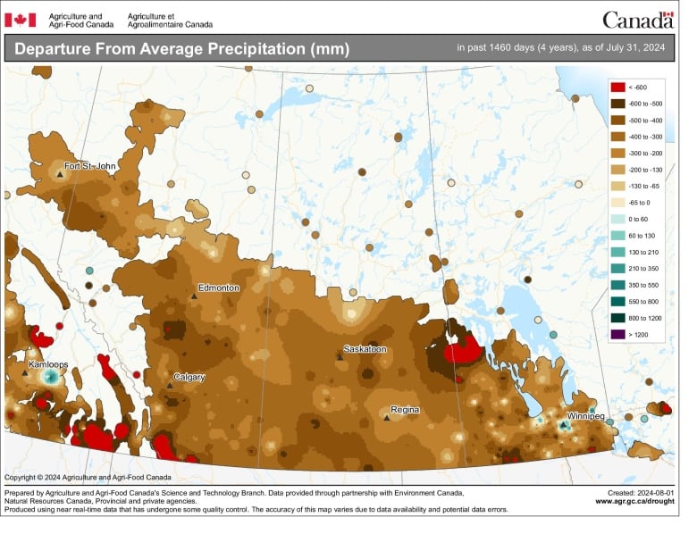 A map shows precipitation levels across Alberta.