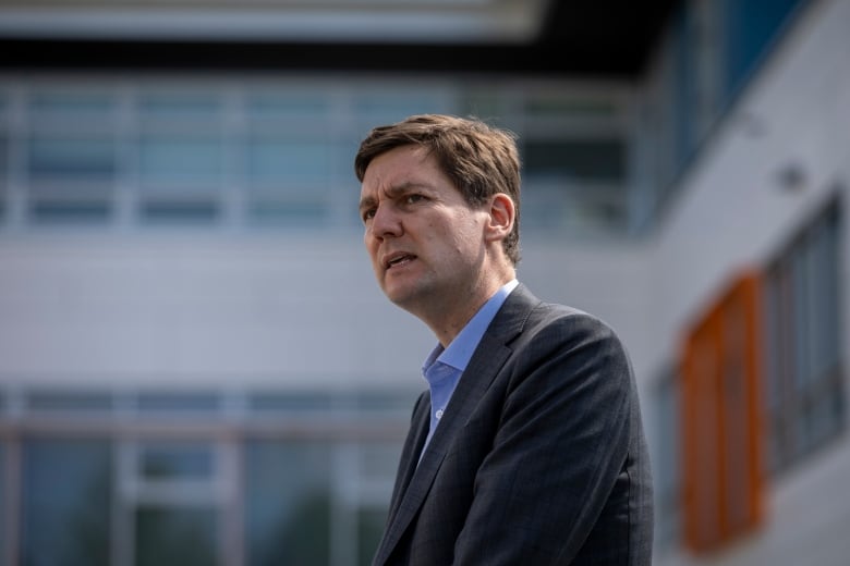 B.C.'s Premier David Eby wearing a dark grey suit standing behind a white, tall building. 