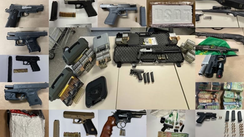 A collage of images of different guns, ammunition and money lying on tables