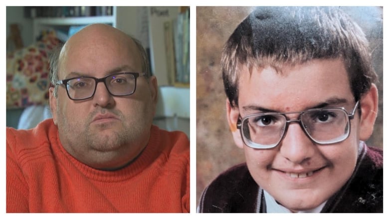 A side-by-side collage showing the same person as an adult and a child.