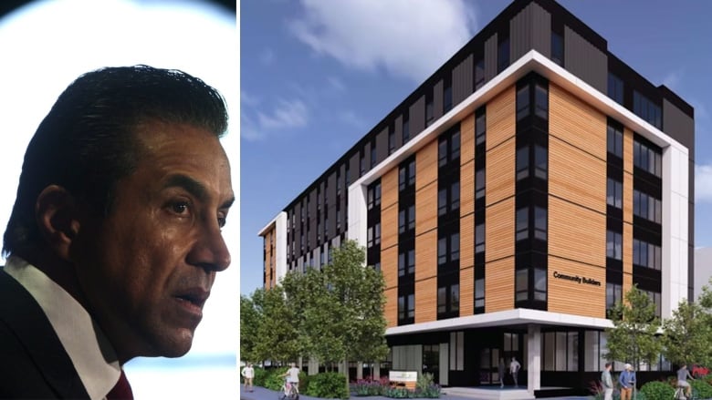 A composite of a South Asian man in profile, and a rendering of a tall apartment building.