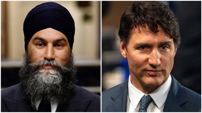 Composite illustration featuring Jagmeet Singh, left, and Justin Trudeau.