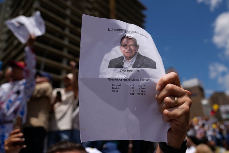 A man holds up a copy of a polling table vote tally with an image of presidential candidate Edmundo Gonzalez during a rally to protest official election results in Caracas, Venezuela on Saturday, Aug. 17, 2024.