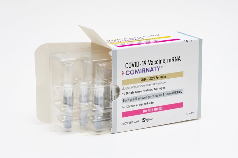 This photo provided by Pfizer in August 2024 shows a packaging for the company's updated COVID vaccine for ages 12 and up, approved by the U.S. Food and Drug Administration on Aug. 22, 2024.