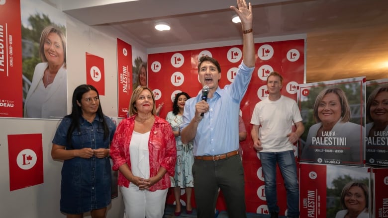 Prime Minister Justin Trudeau speaks at the riding office of  Laura Palestini, Liberal candidate for LaSalleEmardVerdun in Montreal on Sunday August 11, 2024.